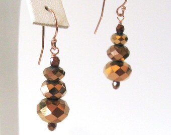 Copper Bronze Luster Crystal Earrings, Graduated Sparkly Glass Beads, Rose Gold Filled Ear Wire Options