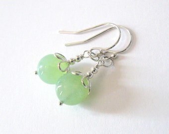 Green Chalcedony Gemstone Earrings, Sterling Silver Flower, Ear Wire Options, Petite Length, Pastel Lime Green
