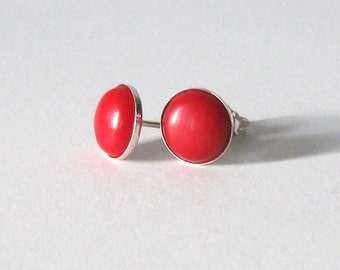 Red Coral Sterling Silver Studs, 8mm Cabochon Red Gemstone  Minimalist Style 925 Post Earrings