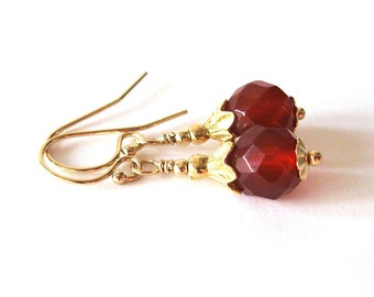 Red Carnelian Faceted Gemstone Earrings, Flower Petal Tops, Goldfilled Ear Wire Options