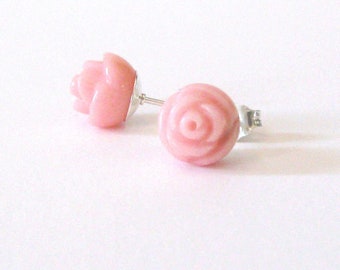 Coral Gemstone Hand Carved Rose Studs, Sterling Silver Post, Flower Earrings, Natural Pink Peach Color