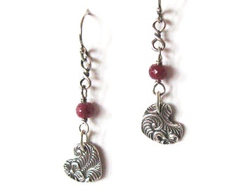 Hearts in Fine Silver and Ruby Gemstone Earrings, Sterling 925 Ear Wire  Options, One of a Kind Gift for Women