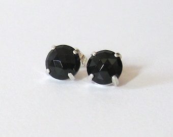 Genuine Black Spinel Gemstone Studs, Rosecut 8mm Cabochon Sterling Silver Post Earrings, Minimalist Style