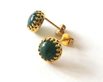 Green Aventurine Studs, Gold Vermeil 925 Filigree Settings, Emerald Green Gemstone Post Earrings, 8mm Cabochons