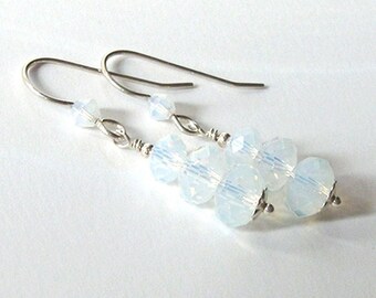 Opalite Earrings, Sterling Silver, Opal Glass Faceted Crystal Dangle, Translucent White with Blue