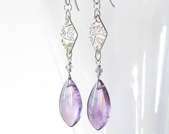 Amethyst Gemstone Eco Friendly Fine Silver Earrings, Nature Inspired, One of a Kind, with 925 Sterling Ear Wire Options