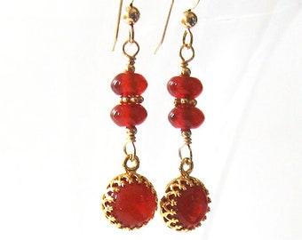 Red Carnelian Gold Filled Filigree Drop Earrings, 8mm Red Orange Gem Stone Cabochons, Ear Wire Options