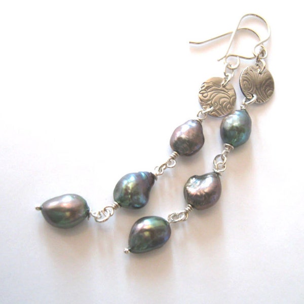 Baroque Pearl Long Earrings, Eco Friendly Fine Silver Wave, Freshwater Pearls, One of a Kind Earrings