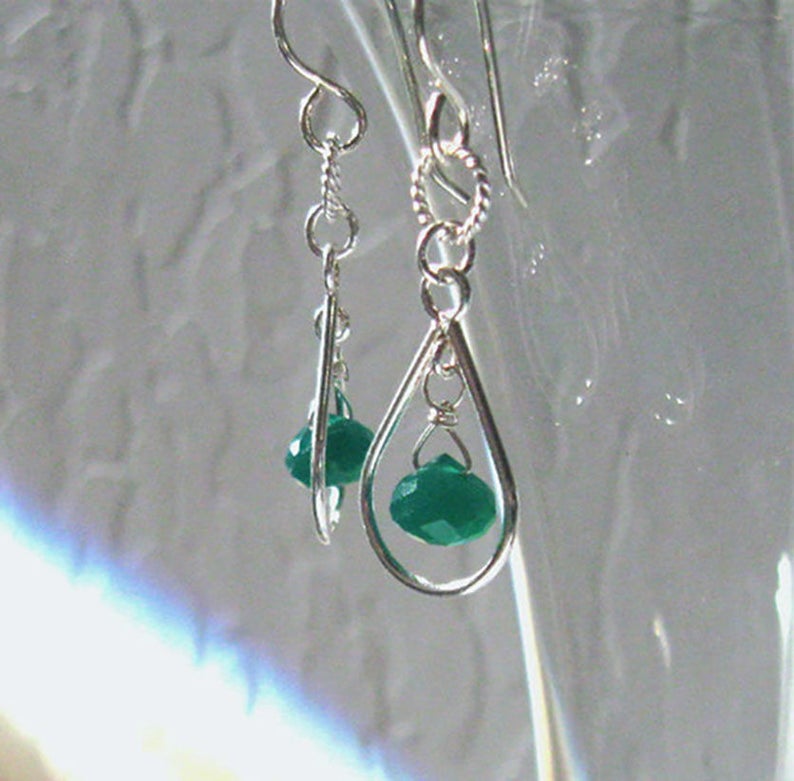 Emerald Green Onyx Gemstone Earrings Sterling Silver Open Tear Drop, 925 Ear Wire Options image 6