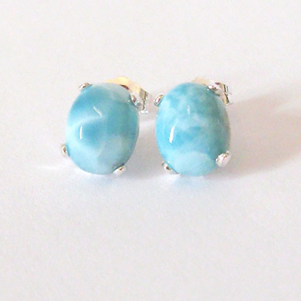 Larimar Gemstone Sterling Earrings, 9x7mm Larimar Studs, Sterling Silver Posts, Graduation Gift, Mothers Day Gift