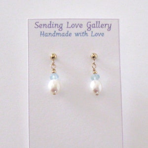 Pearl and Aquamarine Drop Earrings, Goldfilled Studs, Small White Freshwater Pearls, Pastel Blue Gemstones image 8