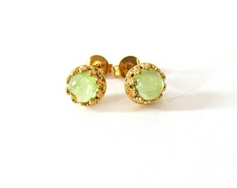 Peridot Gemstone Studs, Gold Vermeil over 925 Sterling Silver Post Earrings, Green Gem 6mm Cabochons in Filigree Settings, August Birthstone