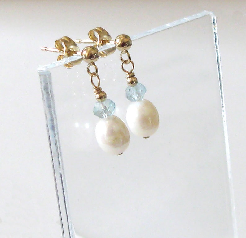Pearl and Aquamarine Drop Earrings, Goldfilled Studs, Small White Freshwater Pearls, Pastel Blue Gemstones image 1