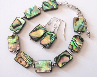 Abalone Sterling Silver Bracelet and Earring Set, Iridescent Rainbow Abalone Shell Reversible Beads, Adjustable Length, 925 Ear Wire Options