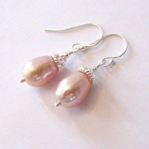 Pink Pearl Tear Drop Earrings in Sterling Silver, Large Freshwater Pearls, Blush Pink, Silvery Pink