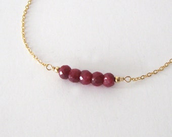 Ruby Gemstone Bar Goldfilled Chain Necklace, Simple and Elegant Faceted Magenta Red Stones, July Birthstone