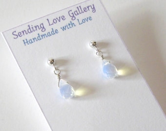 Petite Opalite Sterling Silver Post Earrings, Tiny Faceted Crystal Teardrops, Small Stud Dangles