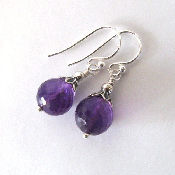 Amethyst Gemstone Sterling Silver Earrings, Microfaceted Round Stones, Silver Flower Bead Caps, February Birthstone