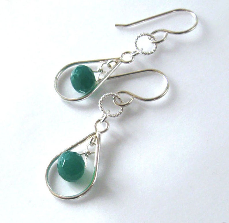 Emerald Green Onyx Gemstone Earrings Sterling Silver Open Tear Drop, 925 Ear Wire Options image 2