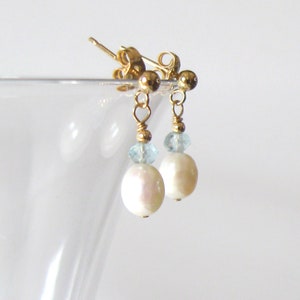 Pearl and Aquamarine Drop Earrings, Goldfilled Studs, Small White Freshwater Pearls, Pastel Blue Gemstones image 6