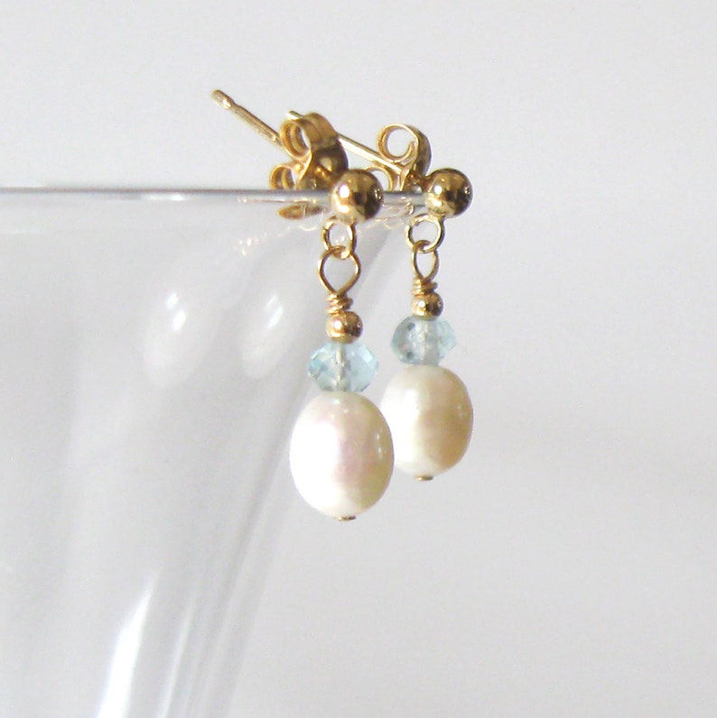 Pearl and Aquamarine Drop Earrings, Goldfilled Studs, Small White Freshwater Pearls, Pastel Blue Gemstones image 6