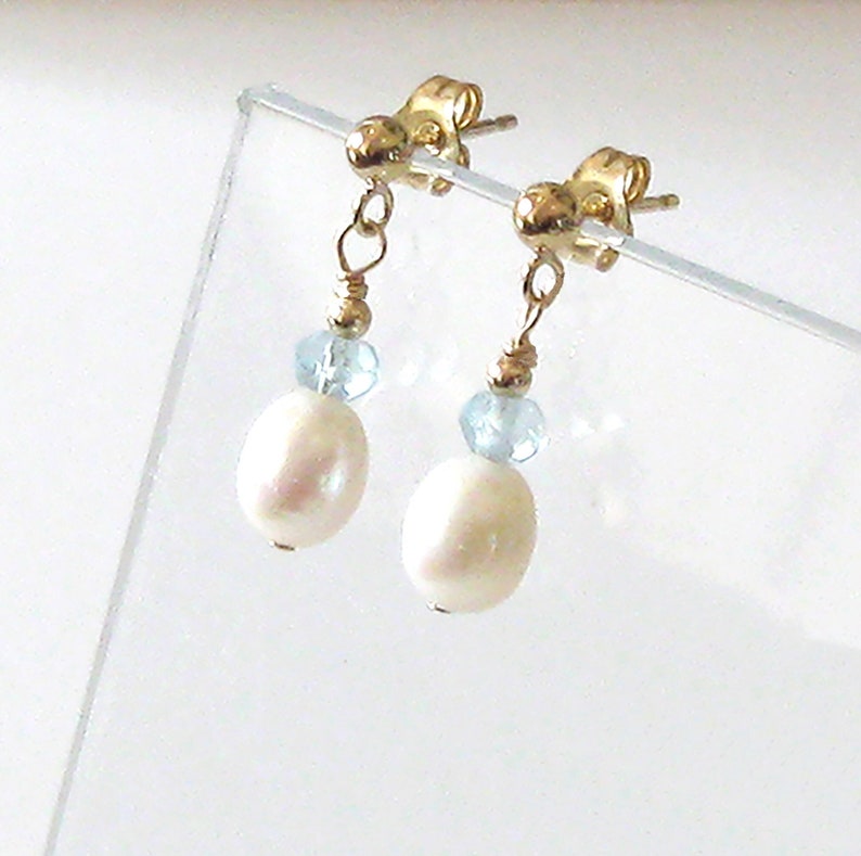 Pearl and Aquamarine Drop Earrings, Goldfilled Studs, Small White Freshwater Pearls, Pastel Blue Gemstones image 4