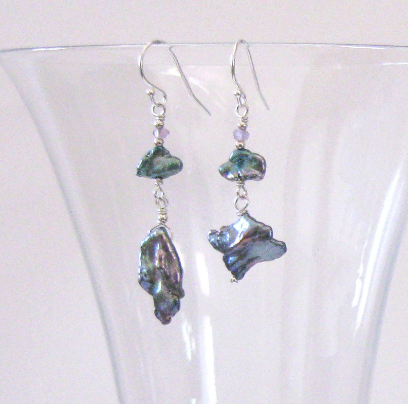 Peacock Keshi Pearl Asymmetric Earrings, Sterling Silver, 925 Ear Wire Options image 2