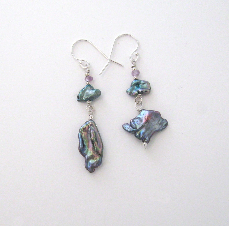 Peacock Keshi Pearl Asymmetric Earrings, Sterling Silver, 925 Ear Wire Options image 4