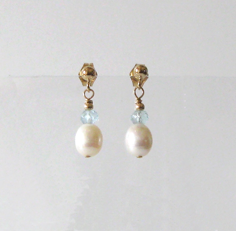 Pearl and Aquamarine Drop Earrings, Goldfilled Studs, Small White Freshwater Pearls, Pastel Blue Gemstones image 2