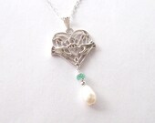 Irish Claddagh Necklace, Freshwater Pearl and Emerald Bead Heart Pendant in Sterling Silver, Symbol of Love, Loyalty, Friendship