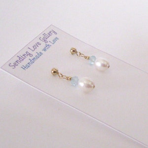 Pearl and Aquamarine Drop Earrings, Goldfilled Studs, Small White Freshwater Pearls, Pastel Blue Gemstones image 7