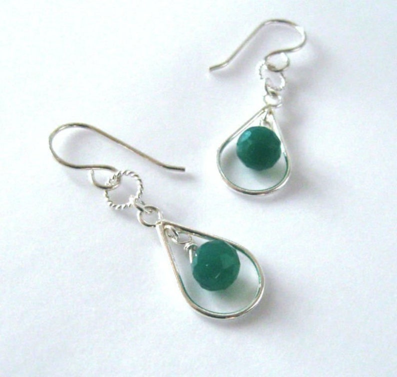 Emerald Green Onyx Gemstone Earrings Sterling Silver Open Tear Drop, 925 Ear Wire Options image 7