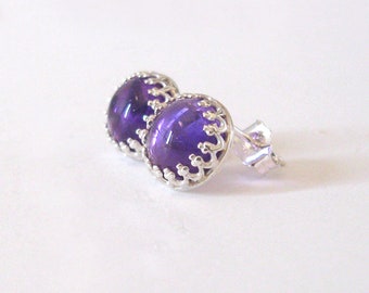 Amethyst Gemstone Stud Earrings, Sterling Silver Filigree Post Settings, 8mm Cabochons, Purple Stone, February Birthstone