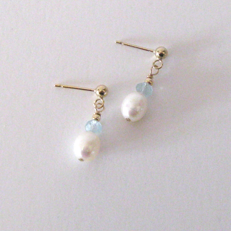 Pearl and Aquamarine Drop Earrings, Goldfilled Studs, Small White Freshwater Pearls, Pastel Blue Gemstones image 3