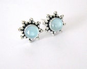 Aquamarine Gemstone Stud Earrings, Sterling Silver Flower Star Setting, Aquamarine Cabochon, Post Earrings