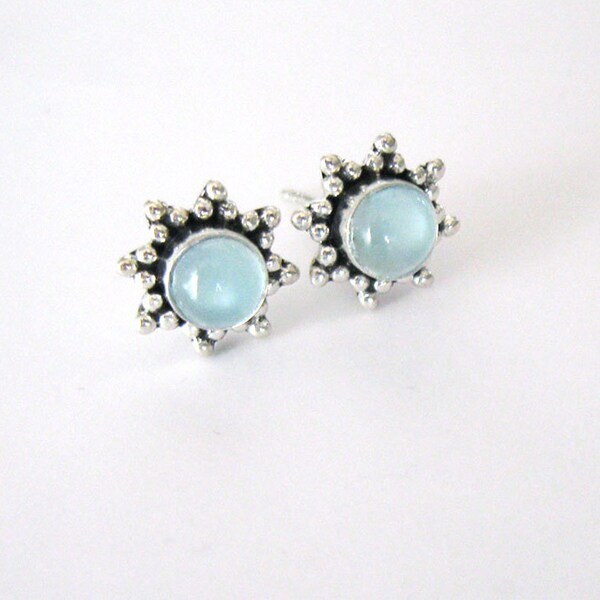 Aquamarine Gemstone Stud Earrings, Sterling Silver Flower Star Setting, Aquamarine Cabochon, Post Earrings