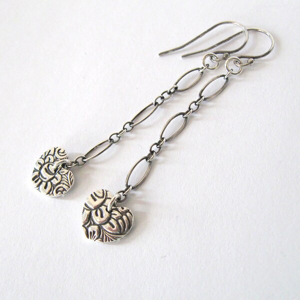 Fine Silver Hearts Long Dangle Earrings, Flower and Leaves, Ox. Sterling Chain and Hooks, Handmade Heart Charms .999 FS