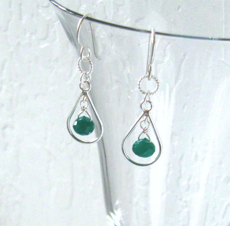 Emerald Green Onyx Gemstone Earrings Sterling Silver Open Tear Drop, 925 Ear Wire Options image 4