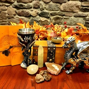 May include: A collection featuring an orange leather-bound journal with a tree embossing, a black dragon-themed goblet with a silver rim, a wooden chest with metal studs, a silver dragon figurine, a clear crystal point, and several raw mineral stones.