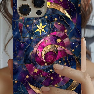 Celestial Phone Case Dreamy Starscape in blue, pink and Gold, Stained Glass Celestial Moon Phone Case, Stars And Moon iPhone Pixel Samsung