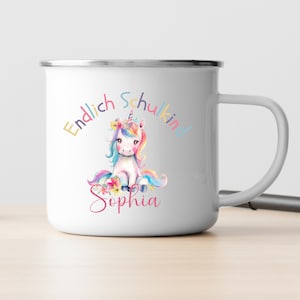 personalized enamel mug with unicorn for school enrollment, personalized enamel mug as a gift, school enrollment, school child