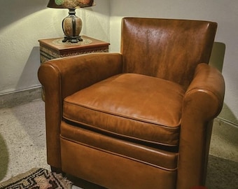 Leather Club Chair | Vintage Handcrafted Armchair | Beech Wood Club Chair | Handmade Leather Armchair