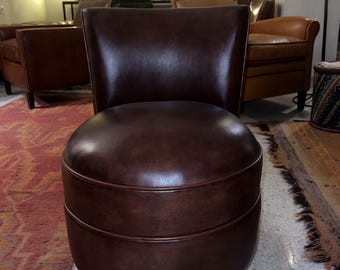 Genuine Leather Club Chair | Pouf with Backrest in Basane Leather | Handmade Vintage Armchair | Authentic Living Room Furniture
