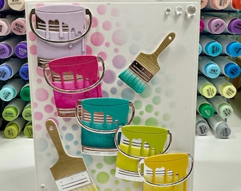 Rainbow Paint Buckets Handmade Card – Blank Inside – Customizable Colors – Paintbrush Card – Artist Gift – Encouragement or Thank You Card