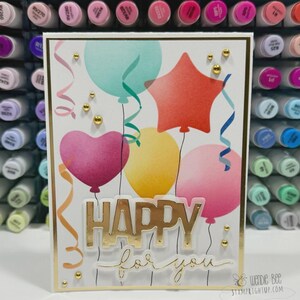 Carte de célébration faite main « Happy for You » – Ballons lumineux avec sentiment en feuille d'or