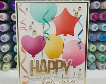 Happy for You" Handmade Celebration Card – Bright Balloons with Gold Foil Sentiment