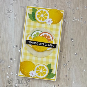Sending Lots of Love – Handmade Lemon Citrus Greeting Card | Mini Slimline Summer Card | Fruit Theme All-Occasion Card | Just Because Card