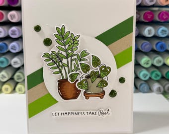 Handmade Plant Lover Card – Let Happiness Take Root | Houseplant Greeting Card | Botanical Card for Plant Mom | Encouragement Card
