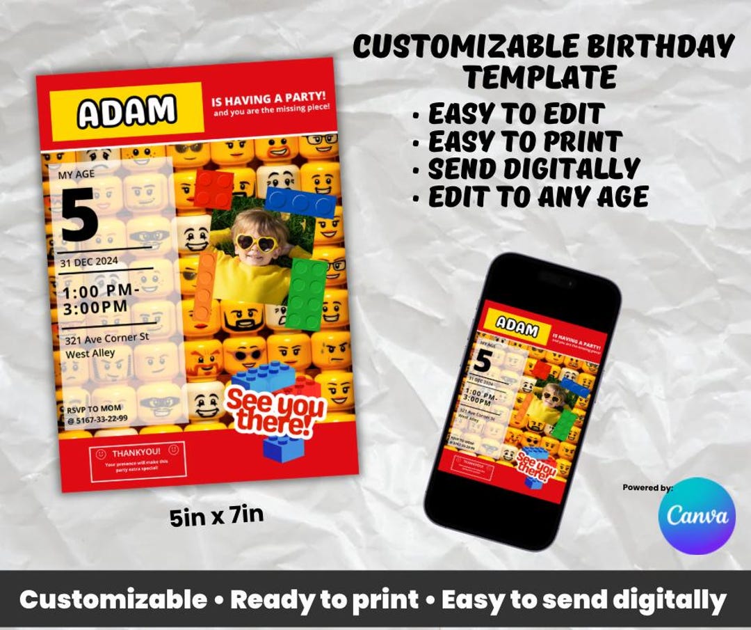Printable Lego Birthday Invitation Card Editable Digital Template Kids ...