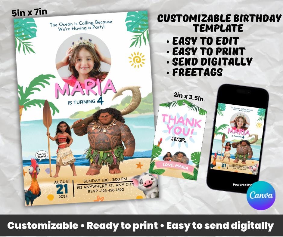 Printable Moana Birthday Invitation Card for Kids Party Editable Moana ...